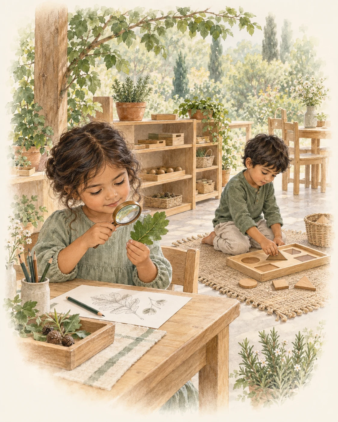 Illustration of children observing a leaf and working with geometric shapes in a Montessori garden classroom.