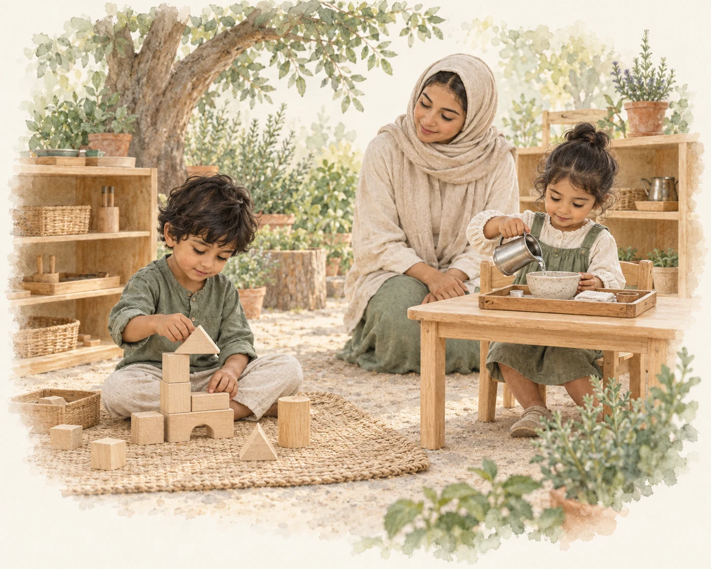 Watercolour illustration of children building with wooden blocks and practising pouring outdoors beside a teacher.