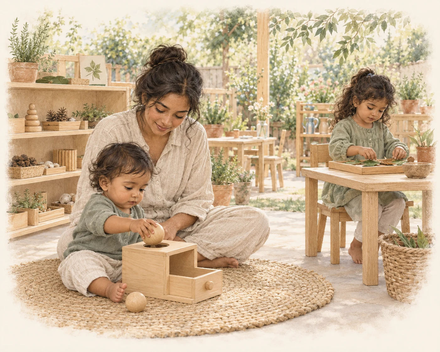 Illustration of a toddler exploring a wooden object permanence box beside an educator while an older child works with leaves.