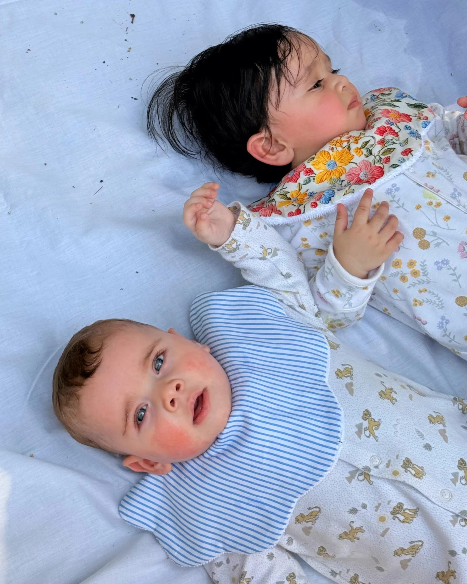 Two babies on a blanket.