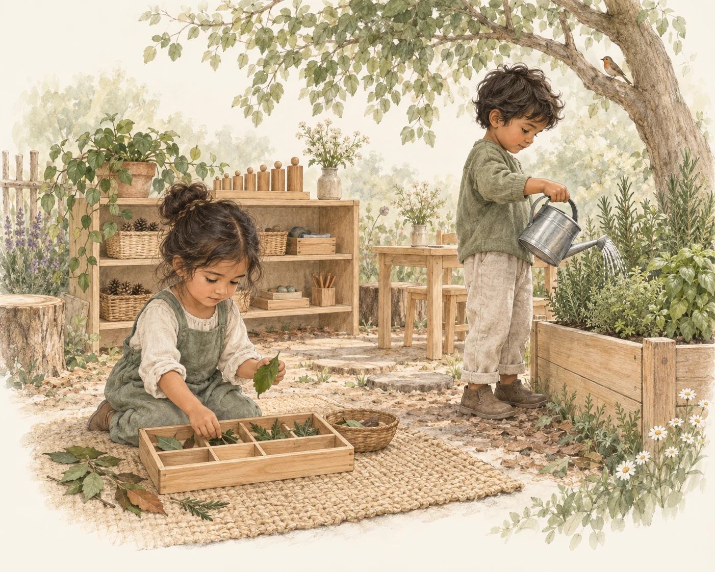 Illustration of children sorting leaves and watering plants in a prepared Montessori garden.